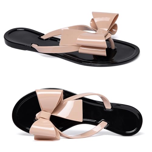 Image of Mtzyoa Women Flip-Flops Flat Sandals Jelly Bow Beach Flat Rivets Rain Cute Dressy Summer Sandals