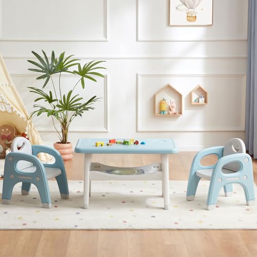 Image of GITAWUSA Kids Table and 2 Chairs Set, Large Built-in Storage, Montessori Toddlers Table and Chairs Set, Kids Activity Table for Drawing Dining Playing, CPSC & ASTM Approved, Blue