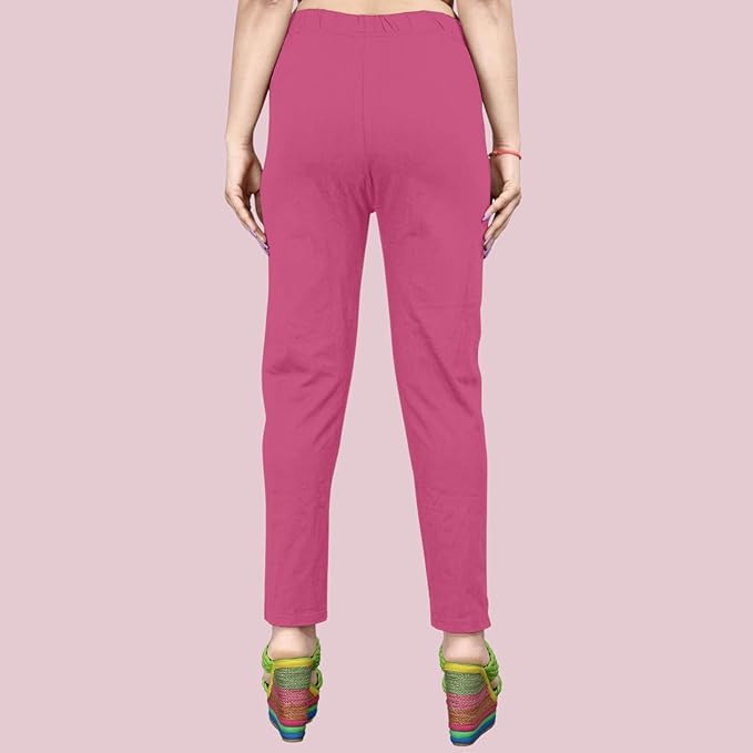Image of Women's Solid Cotton Lycra Pants-High Waist Slim Fit Stretchable Leggings - Comfortable Long Trousers for Casual, Office & Everyday Wear