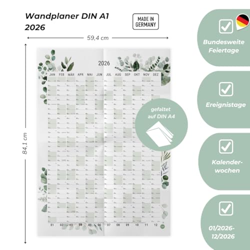 heaven+paper® Wandkalender 2026 | Jahresplaner 2026 A1 | Jahreskalender 26 aus FSC zertifizierten Naturpapier | 12 Monate mit Feiertagen | Calendar made in Germany | XXL Wandkalender | Wandplaner