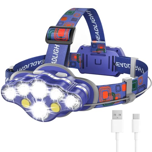MIOISY 8 Led Headlamp Rechargeable, Super Bright Headlight Flashlight Blue