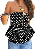 Tankaneo Womens Strapless Polka Dot Tube Tops Summer Cute Backless Peplum Ruffle Hem Bandeau Top Slim Fit Y2k Tank Tops Black