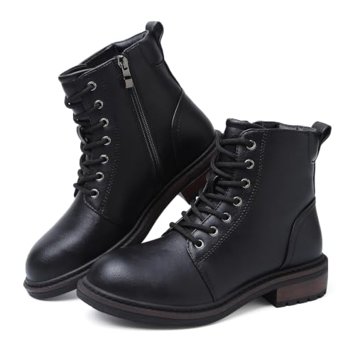 Image of Hanani Womens Ankle Boots Side Zipper Casual Combat Boots Water Resistant Ladies Platform Walking Boots Lace Up Low Block Heel Round Toe Short Boots for Autumn Winter