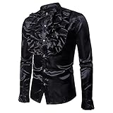 Purple Silk Satin Shirt Men Unique Designe Vintage Wedding Tuxedo Long Sleeve Slim Fit Gothic Chemise Homme-Black-Asian XL