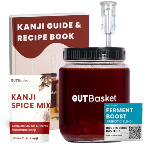 Image of Gutbasket Kanji Jar Kit | Glass Jar for Kanji 1L with Airlock, Kanji Jar Lid, Recipe Book, Sea Salt & Kanji Spice Mix | Perfect for Kanji Drink & Gut Health, Transparent