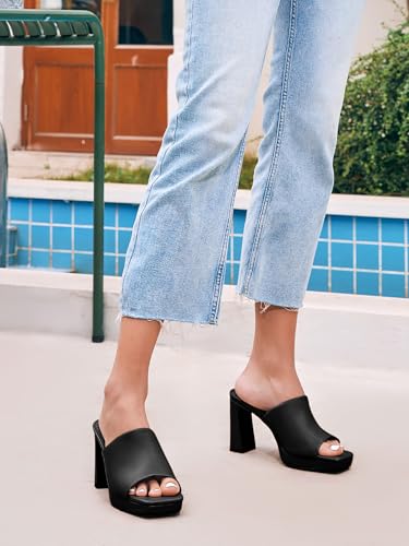Image of Womens Platform Chunky Heels Mules Square Open Toe High Heeled Sandals Slip On Slides Dress Shoes