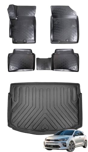 BMY MOTORS Car Floor Mats + Cargo Liner Compatible for Kia Rio 2021-2024 (New Logo) Black | Front & Rear Full Set Trunk Mat with Floor Mats | Waterproof | All Weather | High Tech Mat