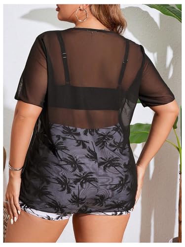 Verdusa Women's Plus Size 2 Piece Tropical Tankini Set Hawaii Sheer Short Sleeve T Shirt with Shorts2