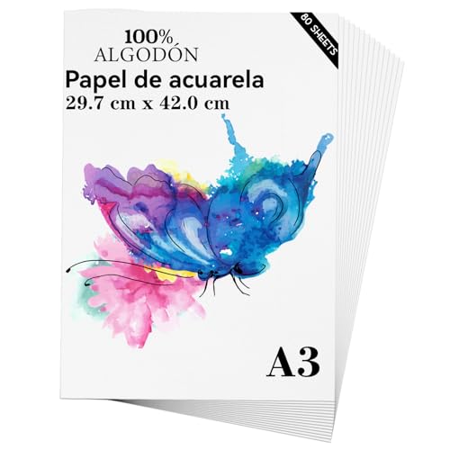 Papel De Acuarela A3 29,7 Cm X 42 Cm , 80 Hojas, Papel Pesado De Algodón Natural De 300 G M Para Estudiantes, Artistas, Dibujo En Acuarela