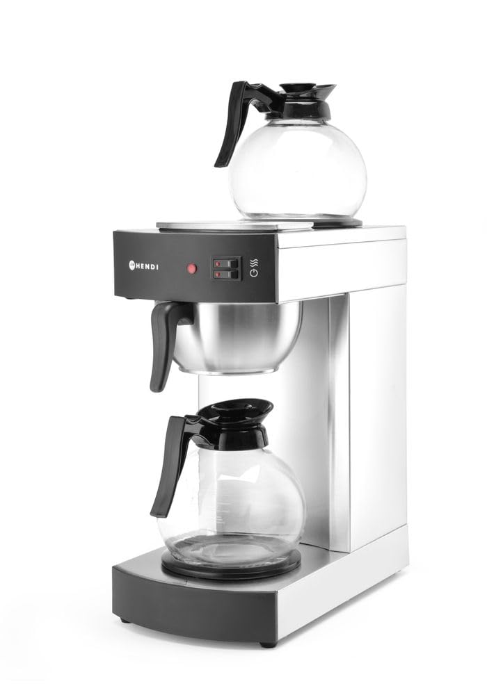 HENDI Cafetera de goteo, eléctrica, para café molido de filtro, incluye 100 filtros de papel y 2 jarras de vidrio de 1,8L, cafetera de filtro, 230V, 1400W, 383x220x(H) 465mm, acero inoxidable