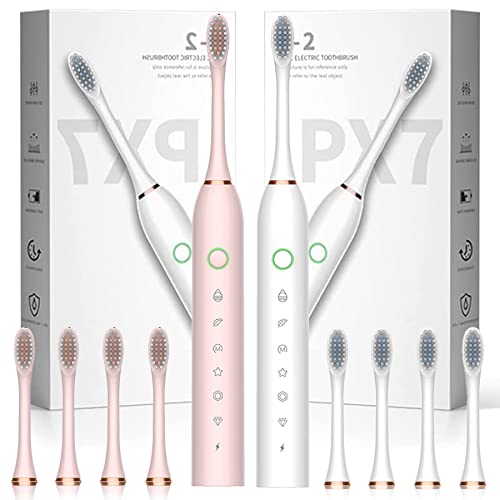 Apartment 2 Cards 2 Pack Sonic Electric Toothbrush, 6 Modes 42000vpm, with 8 Brush Heads, Electric Toothbrush for Adults White+Pink