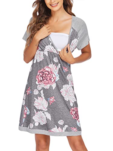 Ekouaer Breastfeeding Nightgown Maternity Wear For Women Summer Nursing Nightgown Cotton Robes (Grey Flowears L) #TOP2