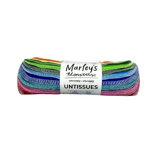 Marleys Monsters UNtissues 12 Pack Reusable Cotton Facial Tissues Soft Flannel Handkerchiefs for Sensitive Skin 7 x 8 Eco-Friendly Washable Wipes Handmade in USA (Rainbow)