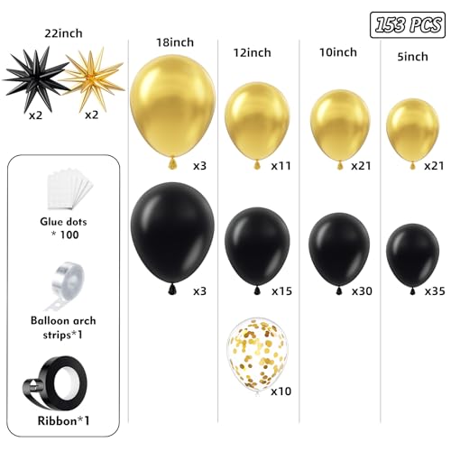 Image of Black and Gold Balloon Arch Garland Kit 153pcs with Star, 22 18 12 10 5in Different Size Black and Gold Confetti Latex Balloons for Birthday Anniversary Graduation New Year Party Decoration