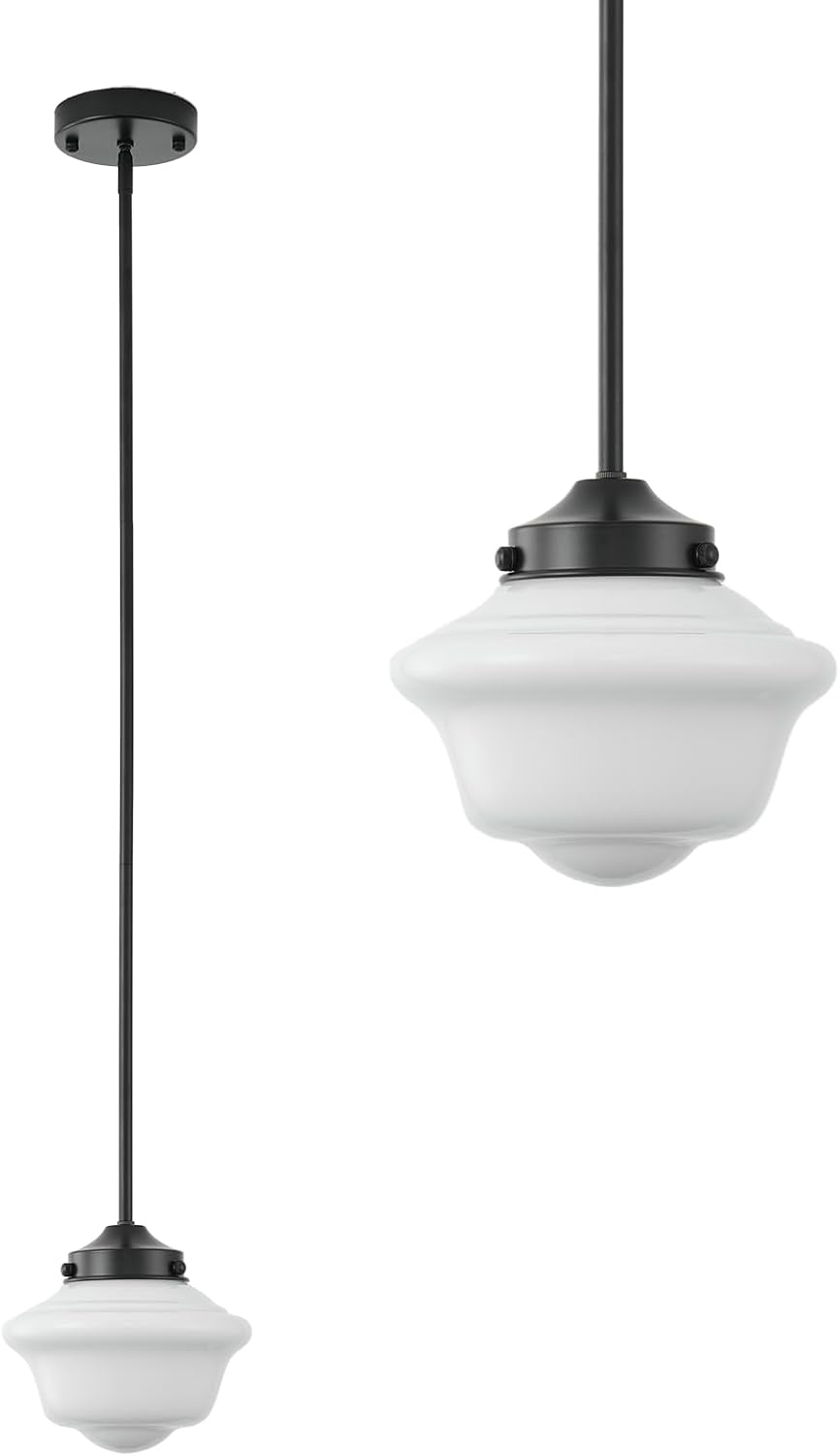 Black Farmhouse Pendant Light, 5in Adjustable Hanging Light with Milk Glass Shade, Small Vintage Pendant Fixture for Kitchen Island, Bathroom, Hallway