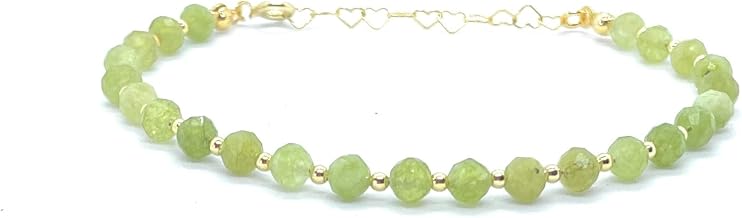 Natural Stone Peridot Bracelet, 4 mm, Gold Plated 925 Silver, Adjustable 16-19 cm, Olive Green, 45 Beads