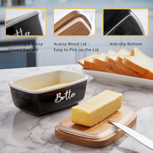 Black Butter Dish, ALELION Large Ceramic Butter Dish with Lid for Countertop, Butter Keeper Container with Acacia Wooden Lid, Kitchen Decor and Accessories for Counter - Thumbnail 4
