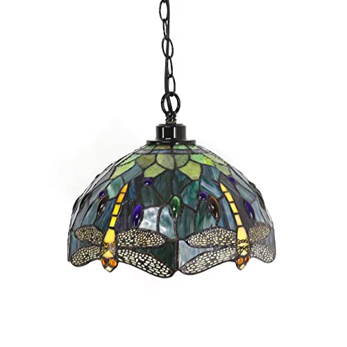 Zjart Tiffany Style Plug In Pendant Light 12 Inch Yellow Dragonfly Style Stained Glass Hanging Lamp Chandelier Swag 15 Feet Cord Adjustable With Switch, Decor Kitchen Island Living Dining Room #TOP5