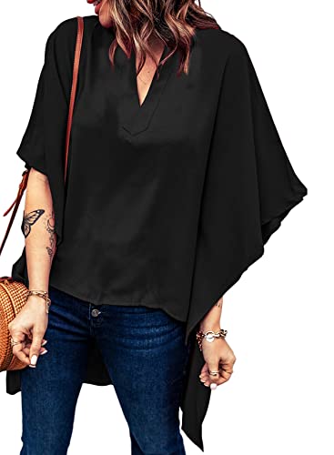 Aleumdr Womens Solid V-Neck Bell Short Sleeve High Low Tunic Tops Chiffon T-Shirt Blouse Black Small 4 6