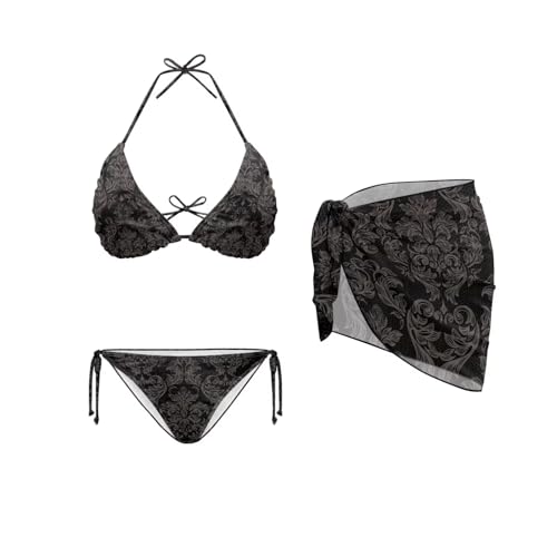 Women's Sexy Swimsuit 3Pcs Bikini Set with Chiffon Wrap Bathing Suit with Coverups Halter Padded Top Tie Side Thong