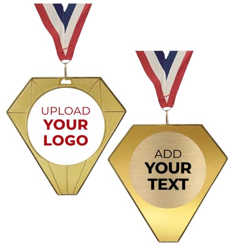 Personalized Award Medals with Logo and Text on Back | Design Your Own Customized Medallions for Kids and Adults | Team Medals for Awards | Gold Diamond Shaped Medallion with Neck Ribbon Included (1)