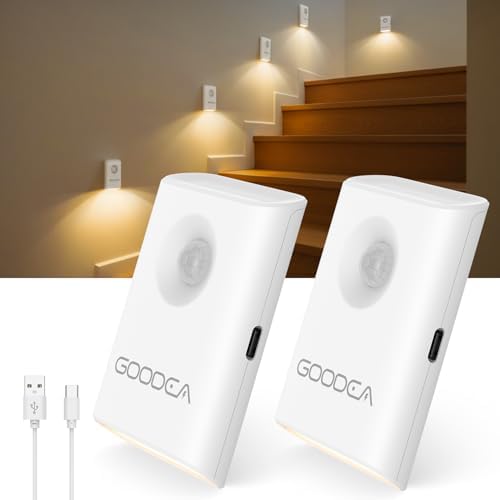 Goodea 2 Pack Stair Lights Indoor, Rechargeable Motion Sensor Night Light, Wireless, Magnetic & Dimmable Night Light, Warm 3000K Soft White for Stairs, Hallway, Bathroom, Bedroom (2 PCS)
