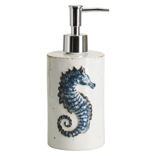 CHOOLD Ceramic Seahorse Dispenser with Plastic Pump Refillable Lotion Soap Container Lotion Bottle Hand Soap Dispenser Retro Blue with Brown