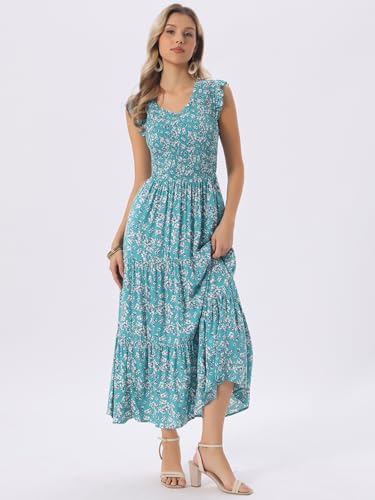 Image of Seta T Women's Summer Dresses Casual Ruffle Sleeveless V Neck Floral Sundress Flowy Smocked Beach Maxi Dress