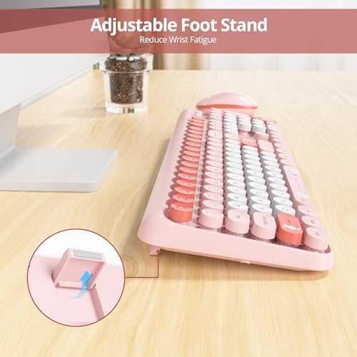 Image of Owpkeenthy Cute Keyboard and Mouse Wireless, Colorful Keyboard Retro Typewriter Style Full-Sized with Number Pad Round Keys for Desktop, Laptop and Computerr (Bunny Pink)