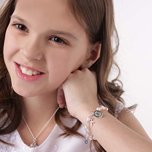 Precious Pieces Children's Sterling Silver First Communion Rosary Bracelet With White Cultured Pearl And Crystal (6-6.5") #TOP2