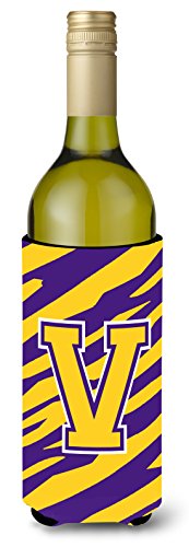 Monogram - Tiger Stripe - Purple Gold Initial V Wine Bottle Beverage Insulator Beverage Insulator Hugger
