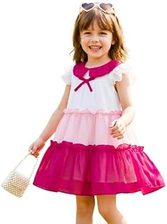 KRUSHIK Girls Tiered Ruffle Dress with Peter Pan Collar, White Pink Fuchsia Ombre, Short Sleeve Party Frock for Special Oc... Price In India