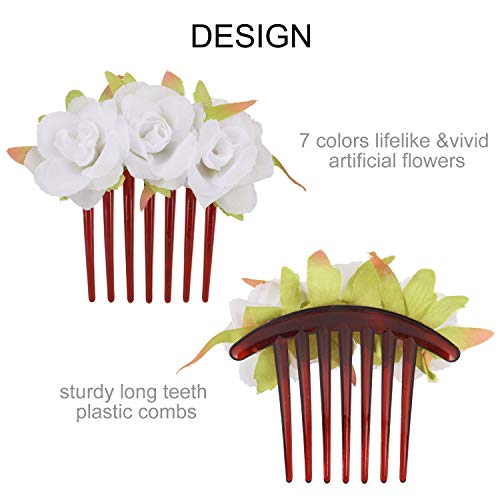 7 Pack Fake Artificial Rose Flower Plastic Hair Side Combs Hairclips With Teeth Hairpins Grips Barrettes Floral Bows For Women Bridal Wedding Veil Beach Party French Twist Bun Chignon Updo Accessories #TOP3