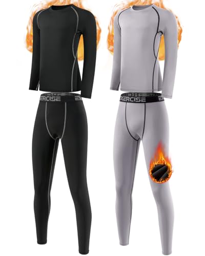 Orrfreer 2 Pack Kids Thermal Base Layer Set Boys Compression Sets Fleece Lined Long Sleeve Top & Bottom for Ski Sport Football Basketball Black/Grey S