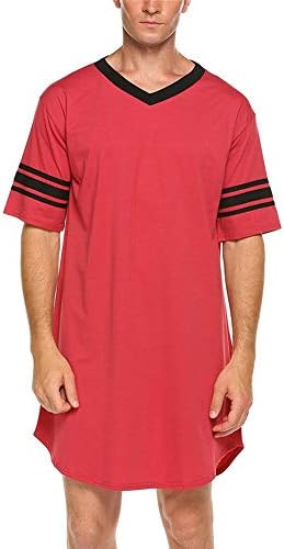 Men's Nightshirt Cotton Nightwear Comfy V Neck Short Sleeve Soft Loose Pajama Sleep Shirt (Red, X-Large)