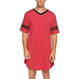 Men's Nightshirt Cotton Nightwear Comfy V Neck Short Sleeve Soft Loose Pajama Sleep Shirt (Red, X-La