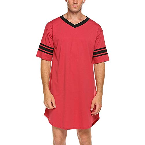 Men's Nightshirt Cotton Nightwear Comfy V Neck Short Sleeve Soft Loose Pajama Sleep Shirt (Red, X-Large) #TOP2