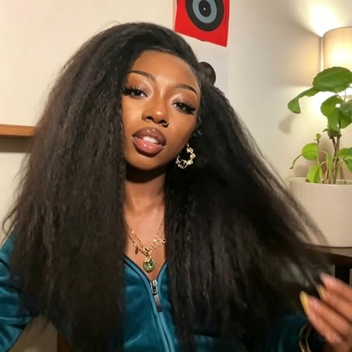 Looxey Kinky Straight Half Wig for Women, 3 in 1 Yaki Drawstring Glueless Synthetic Wig, No Lace Wear and Go Wig, Beginner Friendly Ready to Wear Wigs for Black Women