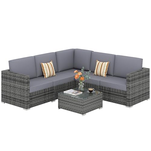 Image of Outsunny Luxury 5 Seater Rattan Garden Furniture Set, 4 Pieces Outdoor Patio Conversation Set with Wide Seats, 220gsm Polyester Cushions, Tempered Glass Table, Corner Sofa, Loveseat, Grey