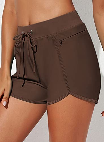 Aleumdr Women's 3 Inch Tummy Control Swim Bottoms With Liner Upf50+ Board Shorts With Zipper Pockets For Women Brown Large #TOP2