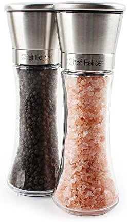 Chef Felice Stainless Steel Salt and Pepper Grinder Set – Hand-Operated Ceramic Grinder with Clear Glass Body – Adjustable Grain Coarseness – Kitchen Accessory
