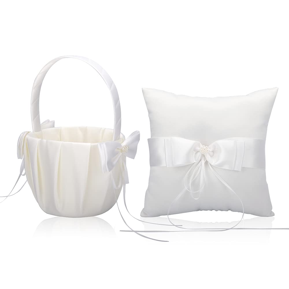 Wedding Ring Pillow Ring Bearer Pillow and Wedding Flower Girl Basket Set Wedding Basket Candy Gift Bag for Wedding Ceremony Decor Wedding Party Decoration