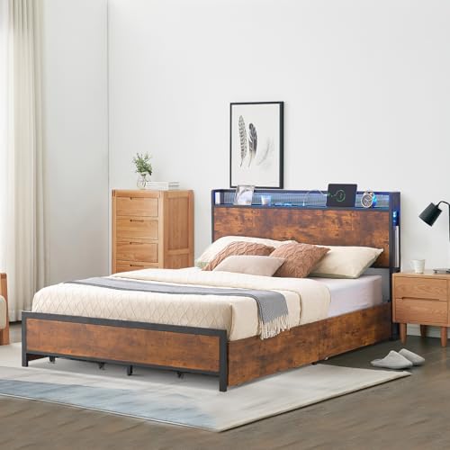 Queen Platform Bed Frame with Storage Headboard, 4 Drawers, RGB LED Lights, Charging Station &ndash; Metal Support, Upholstered, Noise-Free, No Box Spring Needed, Vintage Brown, Bedside Storage Baske