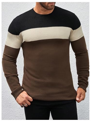Men's Color Block Sweater Tops Crewneck Long Sleeve Vintage Pullovers Soft Knitwear4