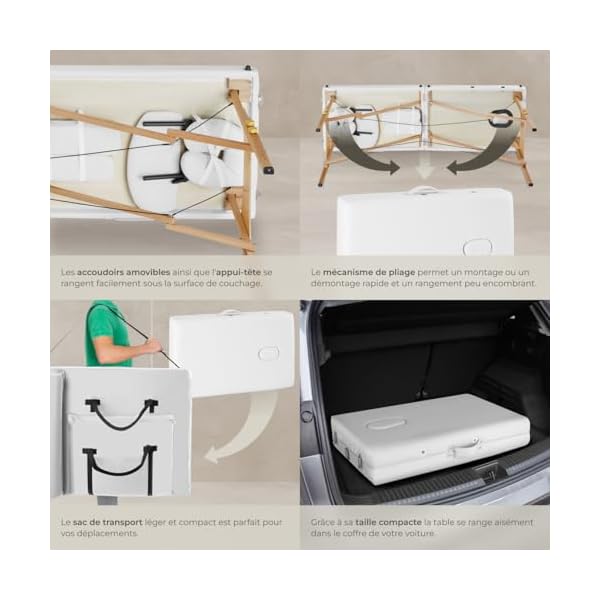 tectake® Table de Massage Pliante Professionnelle 2 Zones Ergonomique Massage et Relaxation Bois Table Esthetique Professionnel Lit de Massage Portable, Rouleaux & Housse de Transport - Blanc