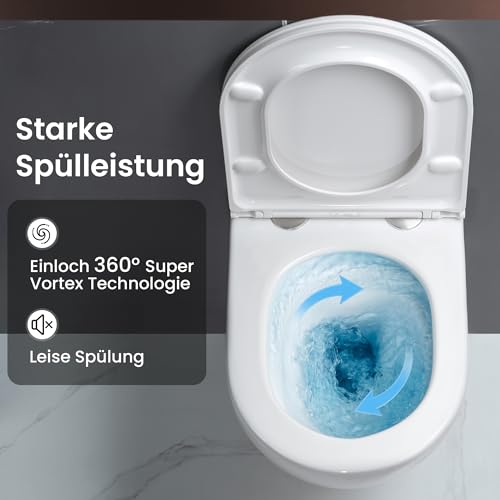 Casta Diva Wand WC Spülrandlos, Hänge WC Einloch 360° Superspin Spülung, UF Kloschüssel, Vollständig geschlossene Toilette, Geräuscharmes Wand WC mit Soft-Close Sitz, 48.5cm