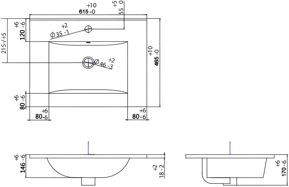 Technical drawing showing detailed dimensions of the ceramic basin