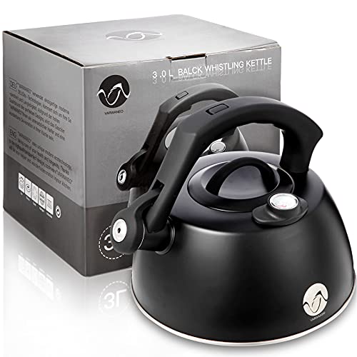 Stove Top Whistling Tea Kettle VARWANEO Thermometer Teapot for All Stovetops -18/10 Stainless Steel Cool Toch Ergonomic Handle(2.5 Quart)
