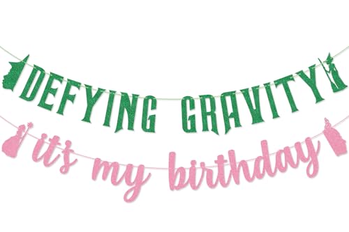 Image of Defying Gravity It's My Birthday Banner for Witch Birthday Party Pink and Green Party Decorations