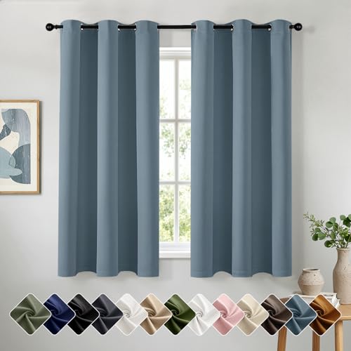 Woaboy Stone Blue Blackout Curtains for Bedroom Living Room 63 Inch Long 2 Panels, Solid Thermal Insulated Grommet Drapes, Room Darkening Sunlight Blocking Window Treatments, W40 x L63 Inch